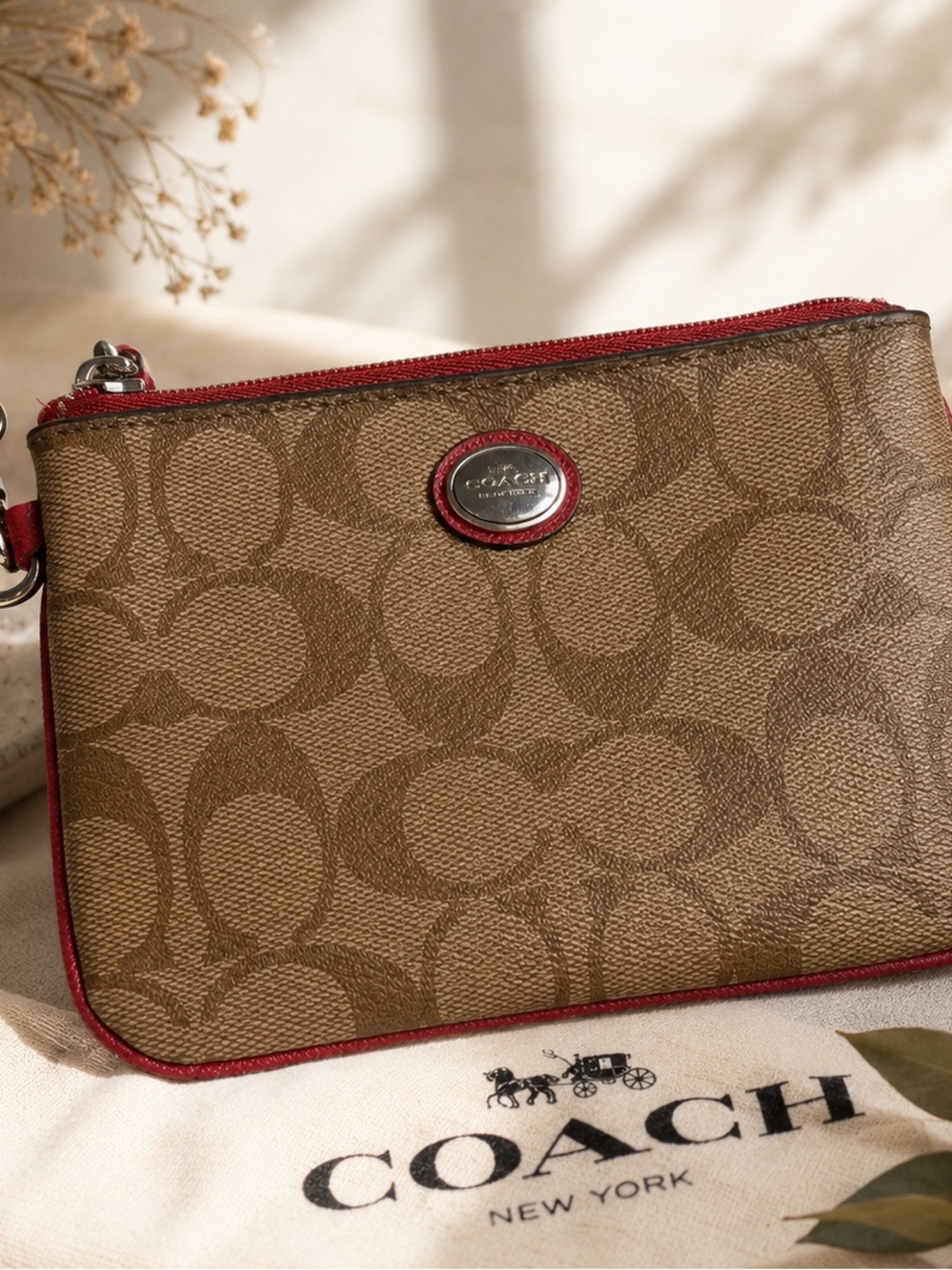 Coach Signature Canvas Wristlet Pouch Red Trim F50142